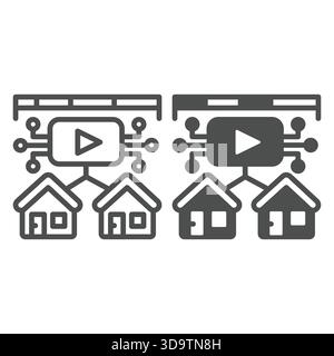 Media platform data with two houses line and solid icon, neural dataset concept. Vector graphics. Local provider broadcast data sign on white backgrou Stock Vector