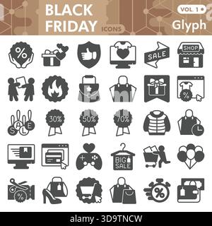 Black friday symbols collection or sketches, shopping theme bar in glyph style signs for web and app. Vector graphics isolated on white background Stock Vector