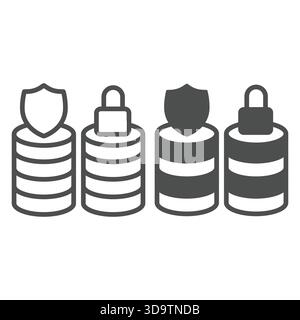 Protected and locked database arrays line and solid icon, neural dataset concept. Vector graphics. Secure data storage, safety sign on white backgroun Stock Vector