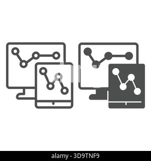 Monitor and tablet screen with chart line and solid icon, neural dataset concept. Vector graphics. Displays with data graphs sign on white background, Stock Vector