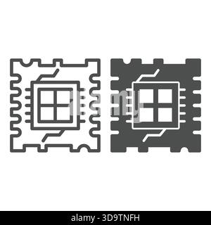 Quad core processor chip line and solid icon, neural dataset concept. Vector graphics. Processor with four cores, hardware sign on white background, o Stock Vector
