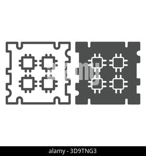 Processor chip with four threads line and solid icon, neural dataset concept. Vector graphics. Microchip for data training sign on white background, o Stock Vector