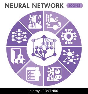 Neural network symbols collection or sketches, deep learning theme diagram pie in glyph style signs for web and app. Vector graphics isolated on white Stock Vector