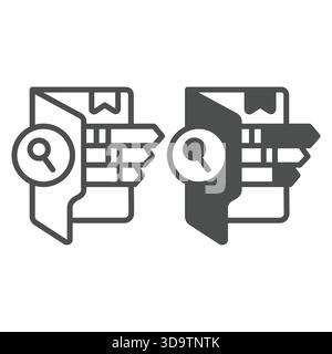 Folder with bookmarks and magnifier line and solid icon, neural dataset concept. Vector graphics. Search data by category sign on white background, ou Stock Vector