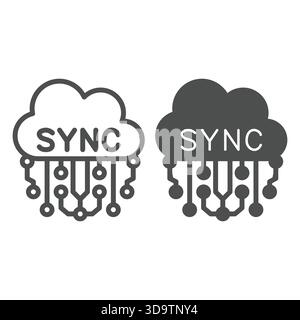 Cloud sync service and connections line and solid icon, neural network concept. Vector graphics. Synchronization with storage sign on white background Stock Vector