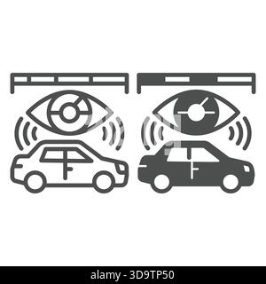 Car map vision data line and solid icon, neural dataset concept. Vector graphics. Data ruler and eye with automobile vehicle sign on white background, Stock Vector