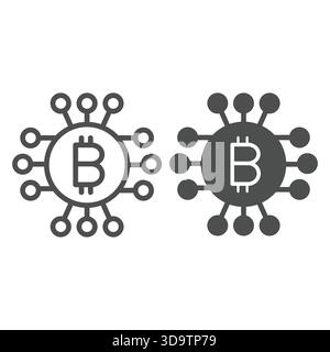 Bitcoin coin with connections line and solid icon, neural network concept. Vector graphics. Coin microchip, data mining sign on white background, outl Stock Vector