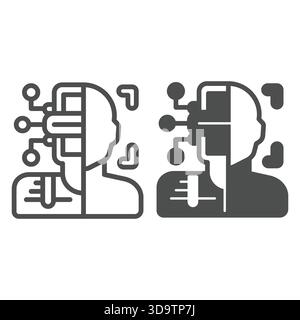 Robot or person recognition line and solid icon, neural network concept. Vector graphics. Virtual assistant identity sign on white background, outline Stock Vector