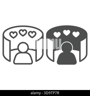 User environment with likes line and solid icon, neural network concept. Vector graphics. Human with hearts in sphere, promotion sign on white backgro Stock Vector