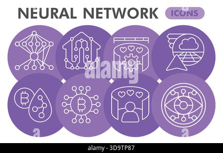 Neural network symbols collection or sketches, deep learning theme bubbles in thin line style signs for web and app. Vector graphics isolated on white Stock Vector