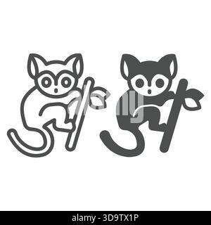 Tarsier animal on tree branch line and solid icon, tropical voyage concept. Vector graphics. Tropical monkey, wild life sign on white background, outl Stock Vector