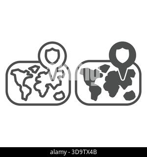 World map and location pin line and solid icon, tropical voyage concept. Vector graphics. Map pin with safety emblem, navigation sign on white backgro Stock Vector