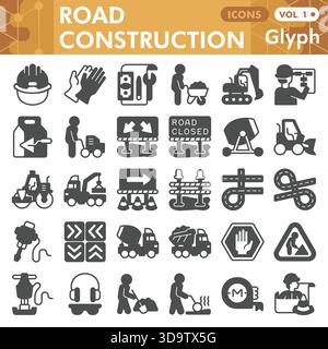 Making road symbols collection or sketches, construction theme bar in glyph style signs for web and app. Vector graphics isolated on white background Stock Vector
