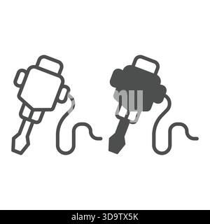 Manual jackhammer line and solid icon, making road concept. Vector graphics. Electric hammer instrument, construction sign on white background, outlin Stock Vector