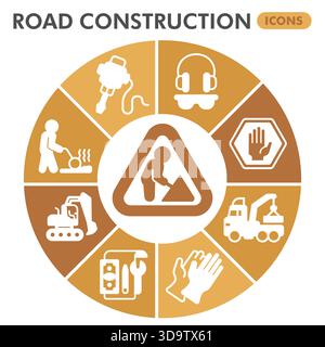 Making road symbols collection or sketches, construction theme diagram pie in glyph style signs for web and app. Vector graphics isolated on white bac Stock Vector