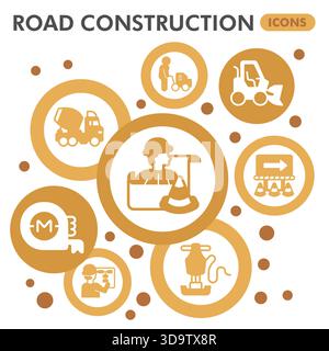 Making road symbols collection or sketches, construction theme bubbles in glyph style signs for web and app. Vector graphics isolated on white backgro Stock Vector