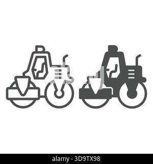 Heavy roller for laying asphalt surface line and solid icon, making road concept. Vector graphics. Motor vehicle, heavy transport sign on white backgr Stock Vector