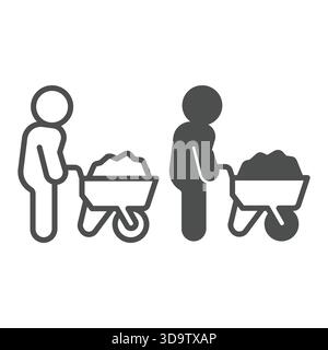 Man with sand wheelbarrow line and solid icon, making road concept. Vector graphics. Human and trolley with sand, construction sign on white backgroun Stock Vector