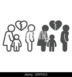 Cheating man with broken heart, woman and child line and solid icon, family lawyer concept. Vector graphics. Marriage problem sign on white background Stock Vector
