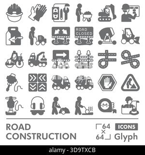 Making road symbols collection or sketches, construction theme in glyph style signs for web and app. Vector graphics isolated on white background Stock Vector