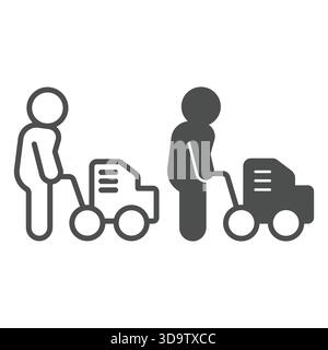 Builder man with manual asphalt roller line and solid icon, making road concept. Vector graphics. Man with roller, construction sign on white backgrou Stock Vector