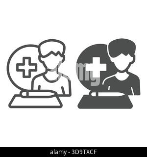Man and document with pen line and solid icon, family lawyer concept. Vector graphics. Medical insurance policy, human rights sign on white background Stock Vector
