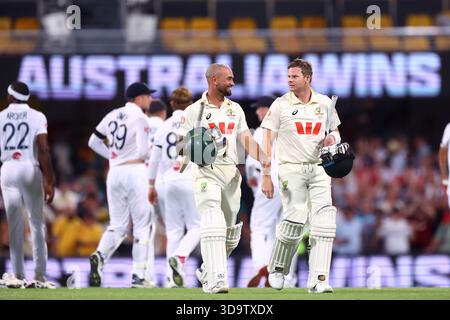 Brisbane, Australia. 07th Dec, 2025. Steve Smith of Australia celebrates Australia winning during the day 4 of the Second Test in the NRMA Insurance Ashes Series Australia vs England at The Gabba, Brisbane Cricket Ground, Brisbane, Australia, 7th December 2025 (Photo by Pat Hoelscher/News Images) *** GER AUT SUI OUT *** in Brisbane, Australia on 12/7/2025. (Photo by Pat Hoelscher/News Images/Sipa USA) Credit: Sipa USA/Alamy Live News Stock Photo