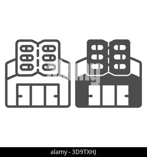 Pharmacy warehouse and capsules pack line and solid icon, pharmacy concept. Vector graphics. Hangar with capsules slab, medicine sign on white backgro Stock Vector