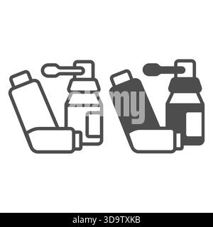 Two lung inhalers line and solid icon, pharmacy concept. Vector graphics. Inhaler jars for fresh breathe sign on white background, outline style icon Stock Vector