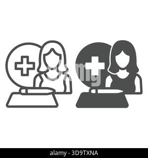 Woman and document with pen line and solid icon, family lawyer concept. Vector graphics. Medical insurance policy, human rights sign on white backgrou Stock Vector