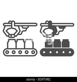 Robotic arm and conveyor with jars line and solid icon, pharmacy concept. Vector graphics. Conveyor for medicine production sign on white background, Stock Vector