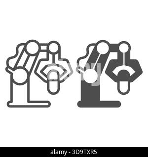 Robotic arm with capsule line and solid icon, pharmacy concept. Vector graphics. Mechanical hand of conveyor, medicine production sign on white backgr Stock Vector