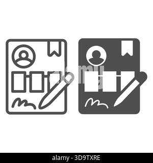 Candidate profile line and solid icon, design recruitment concept. Vector graphics. Recommendation letter with signature and pen sign on white backgro Stock Vector