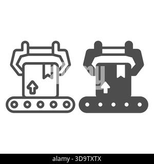 Box on conveyor with large robotic arm line and solid icon, pharmacy concept. Vector graphics. Conveyor belt package, production sign on white backgro Stock Vector