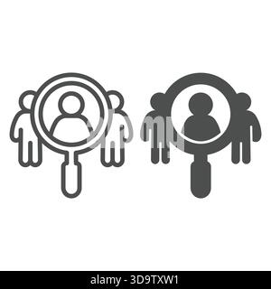 Magnifier and man line and solid icon, design recruitment concept. Vector graphics. Search for job candidate, human recourse sign on white background, Stock Vector