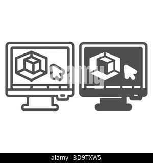 Monitor screen with 3D graphics program line and solid icon, design recruitment concept. Vector graphics. 3D designer job display sign on white backgr Stock Vector