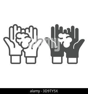 Rubber gloves hands with raw clay piece line and solid icon, pottery making concept. Vector graphics. Clay in hands sign on white background, outline Stock Vector