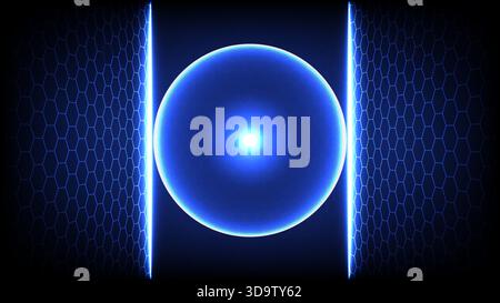 Bright blue energy sphere centered between glowing hexagon panels, creating a futuristic sci-fi technology atmosphere Stock Vector