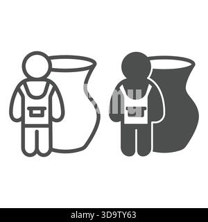 Man with apron and clay jug line and solid icon, pottery making concept. Vector graphics. Human with big vase sign on white background, outline style Stock Vector