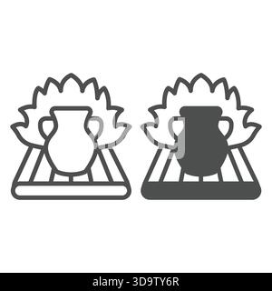 Clay jug with fire flames line and solid icon, pottery making concept. Vector graphics. Firing clay product sign on white background, outline style ic Stock Vector