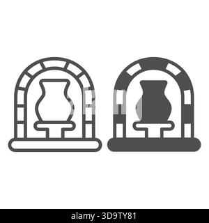 Clay jug in blast furnace line and solid icon, pottery making concept. Vector graphics. Firing clay product in stove sign on white background, outline Stock Vector