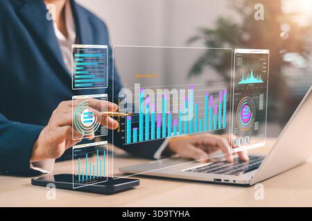 Business analyzing interactive digital dashboards data charts financial metrics performance analytics showcasing modern business intelligence big data Stock Photo