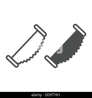 Sharp manual saw for two worker men line and solid icon, forest industry concept. Vector graphics. Wood work tool, sawing wood sign on white backgroun Stock Vector