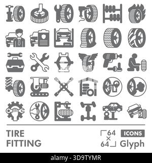 Tires fitting symbols collection or sketches, car service theme in glyph style signs for web and app. Vector graphics isolated on white background Stock Vector