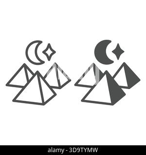 Pyramids with moon and stars line and solid icon, egyptian history concept. Vector graphics. Stone monuments, culture sign on white background, outlin Stock Vector