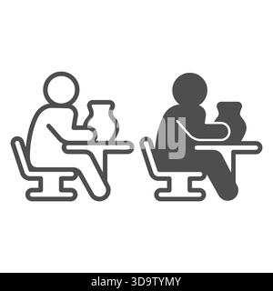 Man with clay jug at desk line and solid icon, pottery making concept. Vector graphics. Human working with clay vase, molding sign on white background Stock Vector