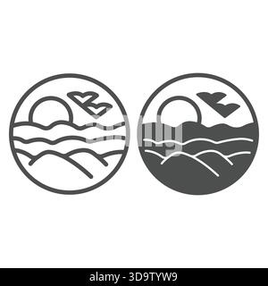 Sandy desert sunset bubble line and solid icon, arabian desert concept. Vector graphics. Desert landscape with sun and mountains sign on white backgro Stock Vector