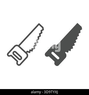 Sharp manual saw for one hand line and solid icon, forest industry concept. Vector graphics. Wood work tool, sawing wood sign on white background, out Stock Vector