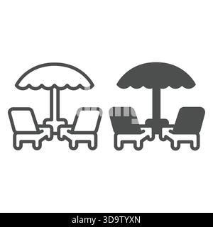 Beach beds with umbrella line and solid icon, swimming pool concept. Vector graphics. Umbrella for shadow and two chairs sign on white background, out Stock Vector
