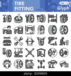 Tires fitting symbols collection or sketches, car service theme bar in glyph style signs for web and app. Vector graphics isolated on white background Stock Vector